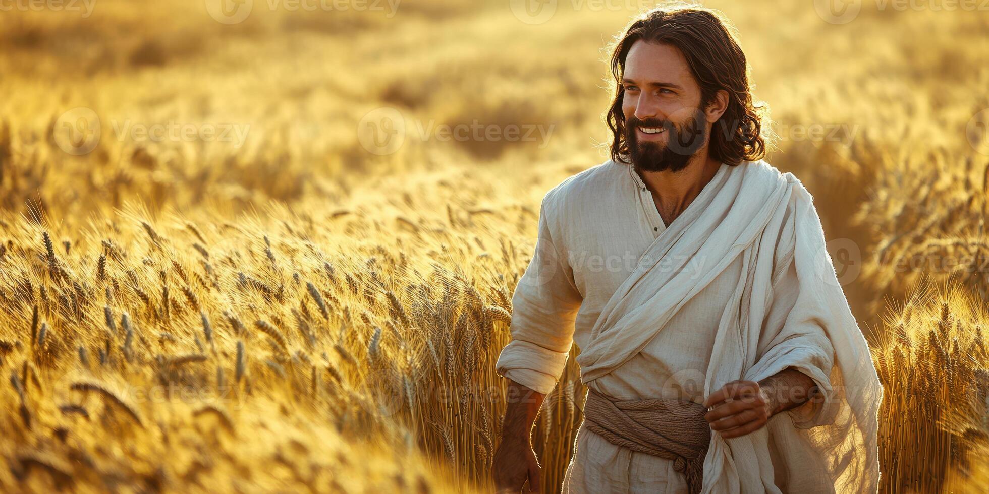 Man joyfully walks through a golden wheat field during sunset, embodying peace and serenity photo