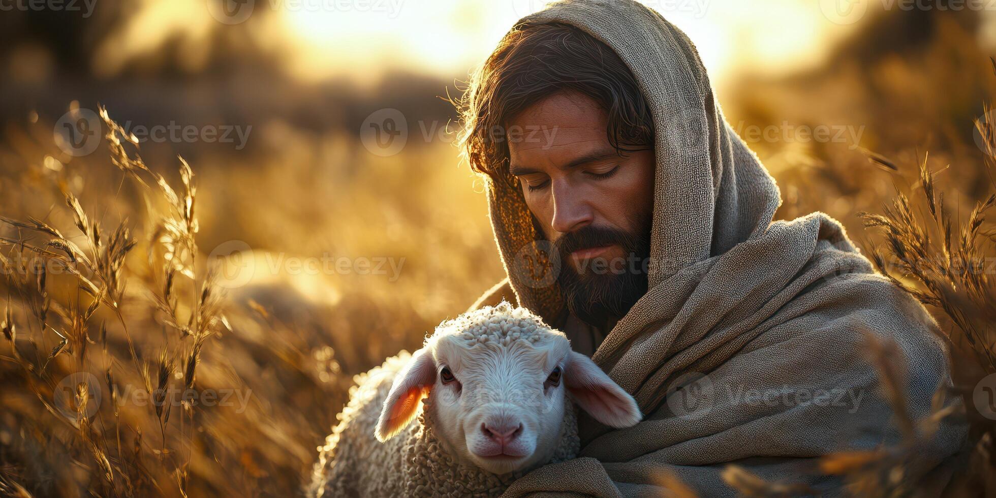 Shepherd in a golden field cradles a lamb during sunset, highlighting the bond between man and nature photo