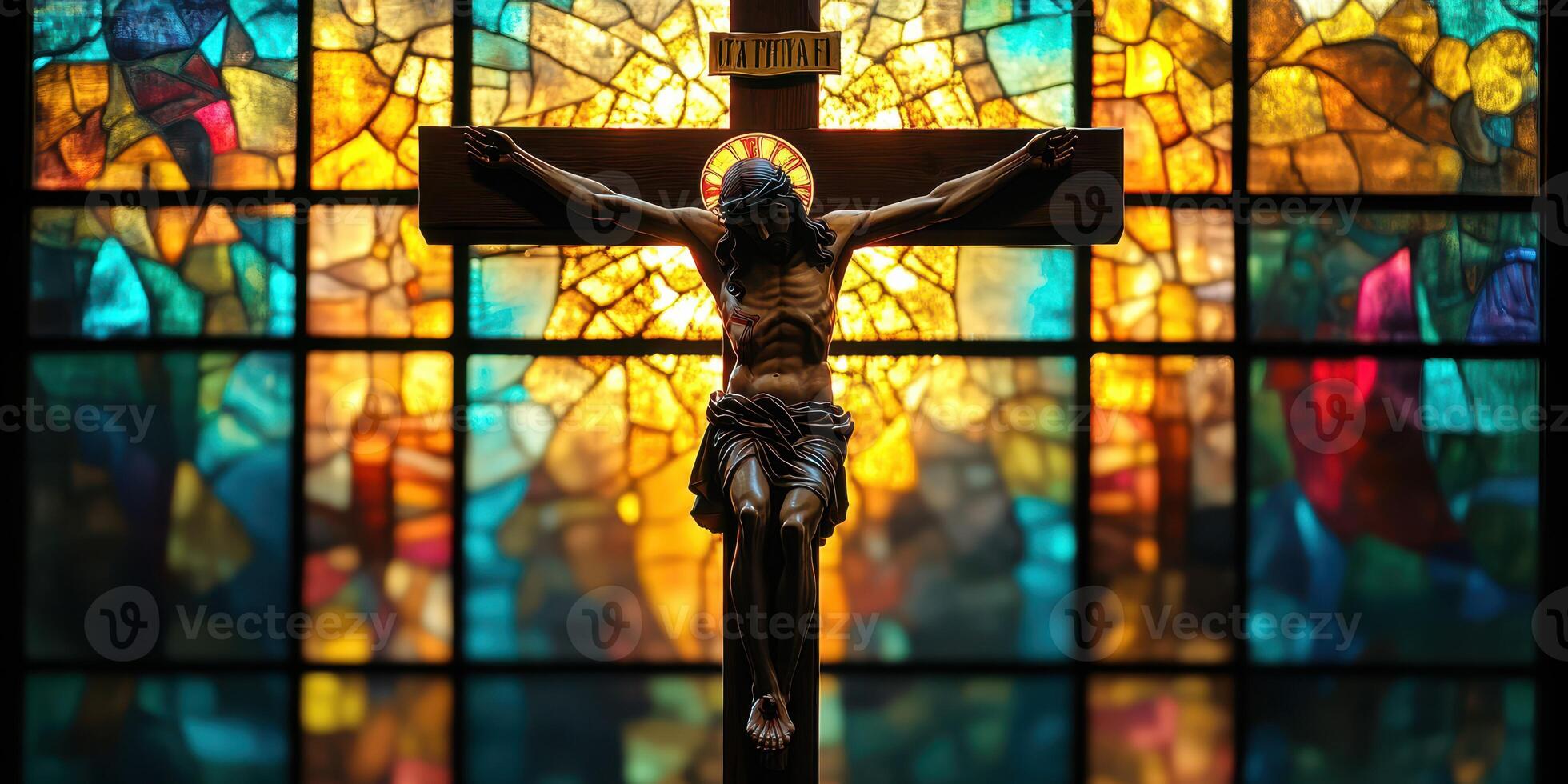 Stained glass window illuminating a crucifix in a serene chapel during morning light photo