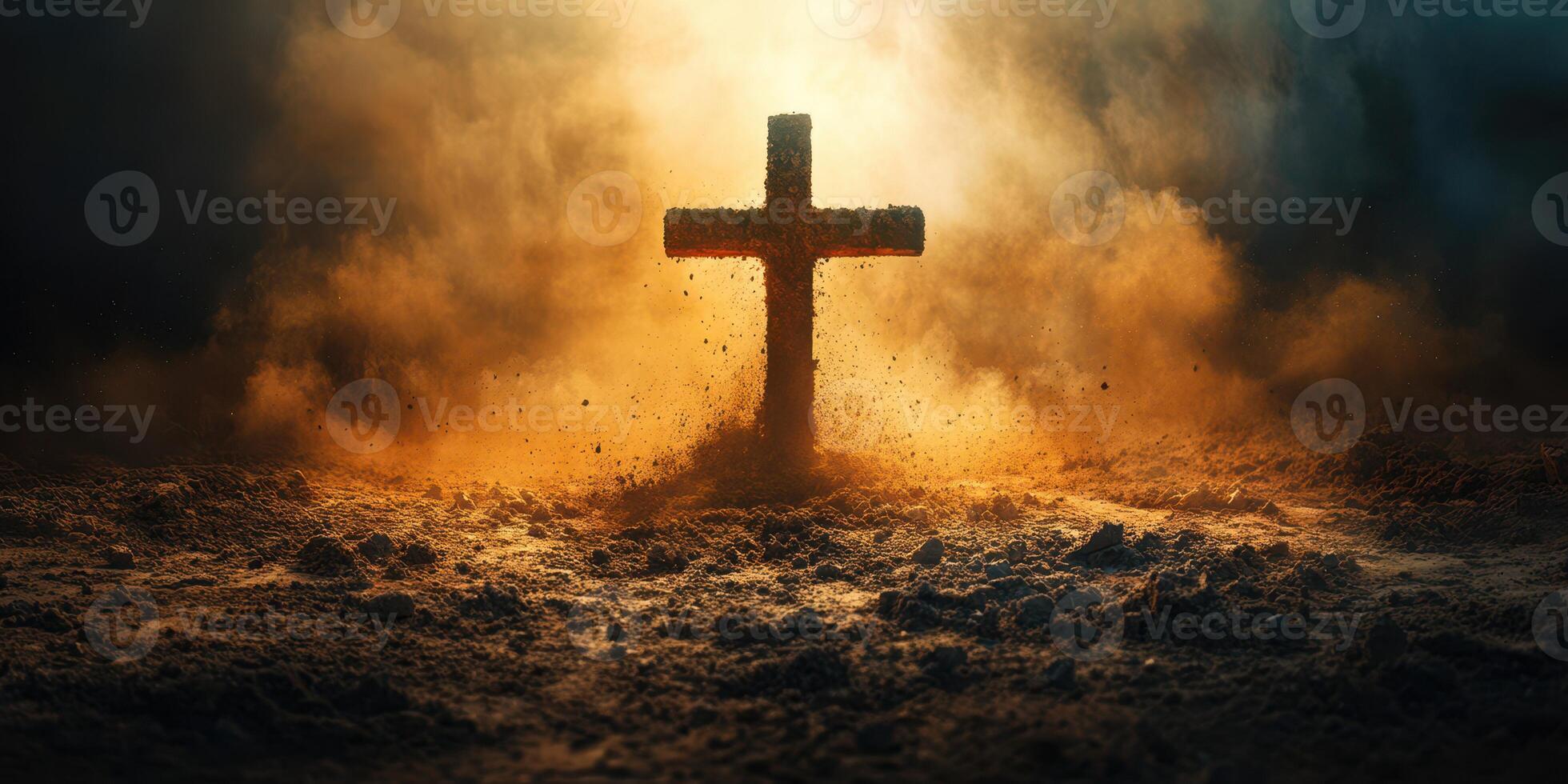 Dramatic silhouette of a cross illuminated by a warm glow with dust swirling in a somber atmosphere at dusk photo