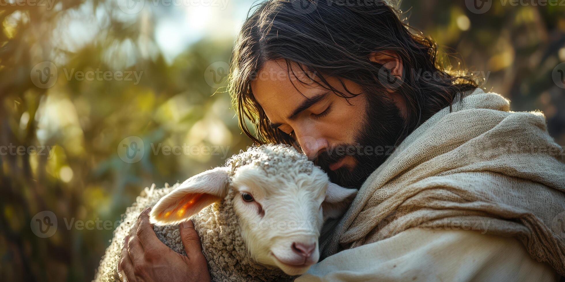 Shepherd caring for a lamb in a tranquil, sunlit setting among lush greenery, conveying peace and compassion photo