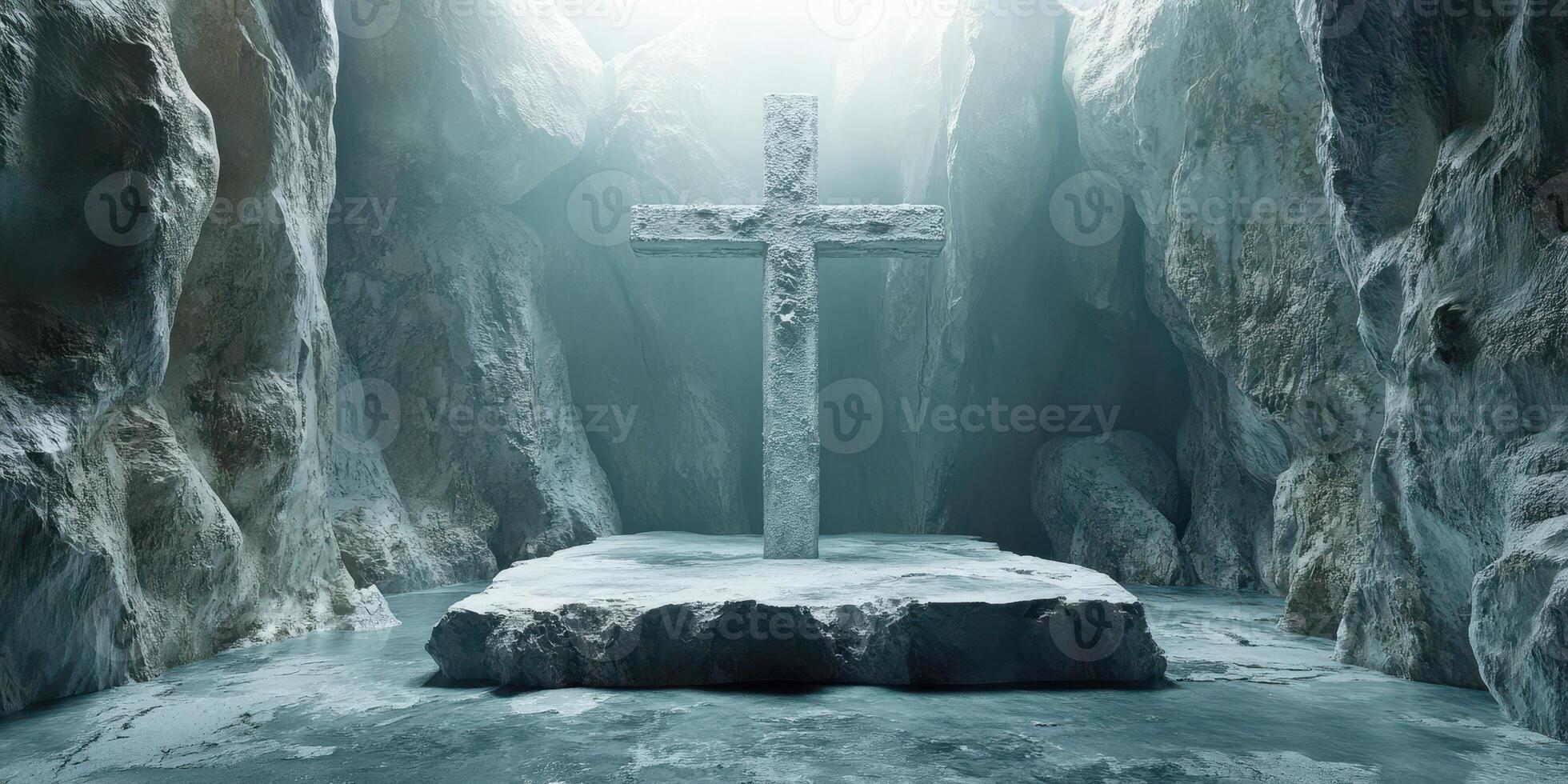 Atmospheric cave with a solitary cross illuminated by soft light at dawn photo