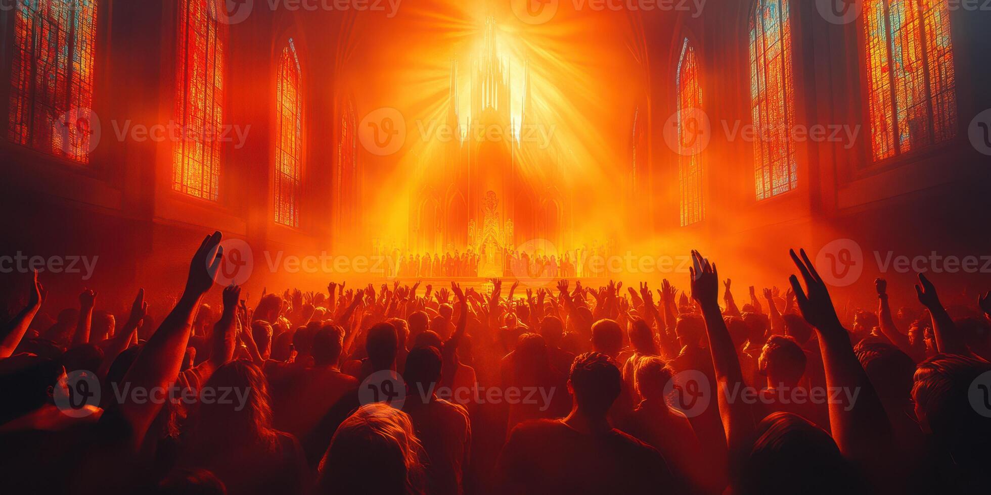 Exciting worship gathering captures enthusiastic expressions in a radiant large venue during an evening service photo