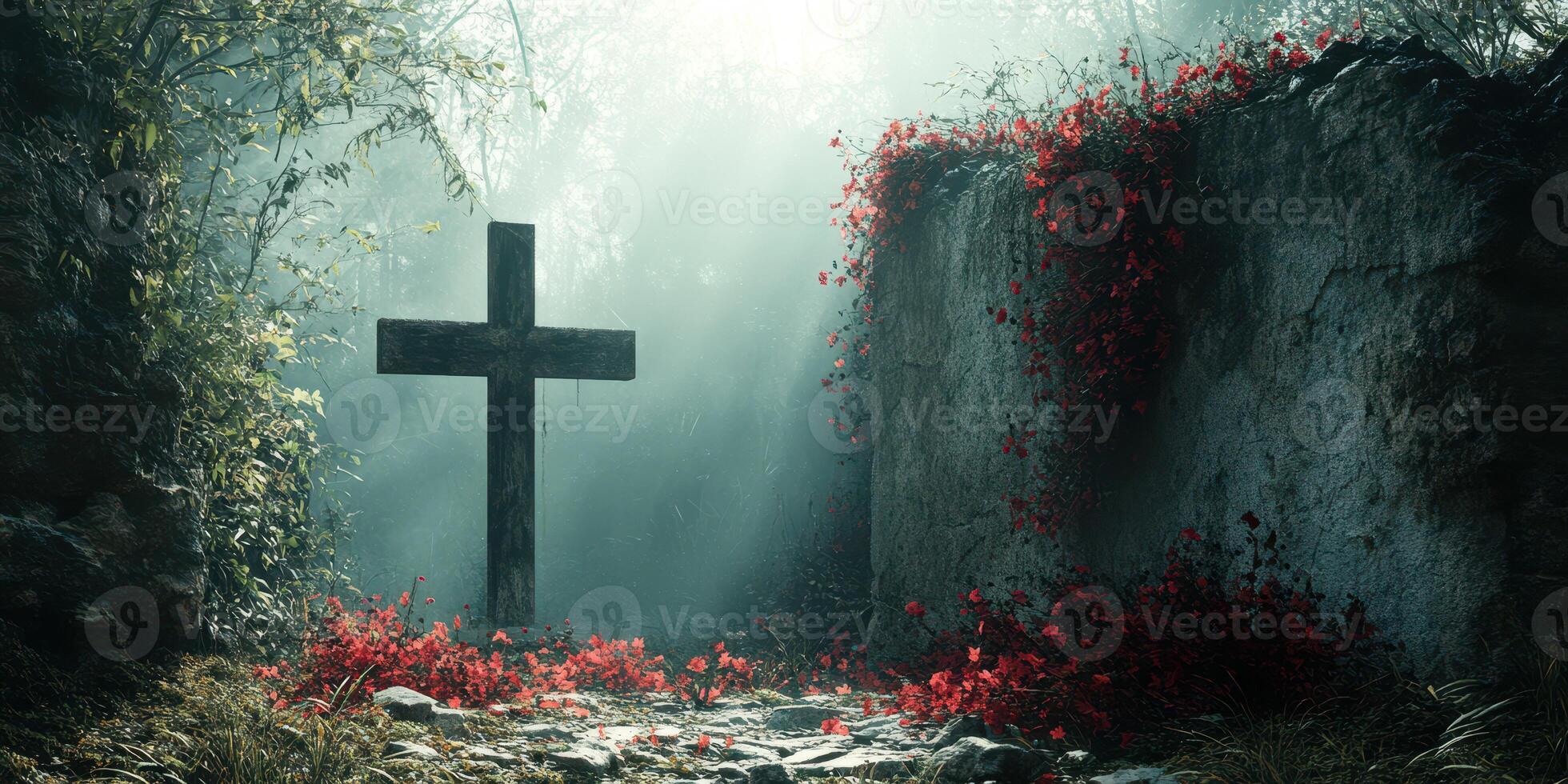Mysterious forest clearing with a cross surrounded by vibrant flowers and ethereal light in the early morning photo