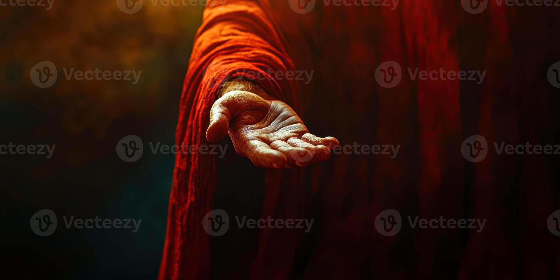 Hand extended towards viewers against a moody background, capturing themes of hope, connection, and spirituality in a dramatic setting photo