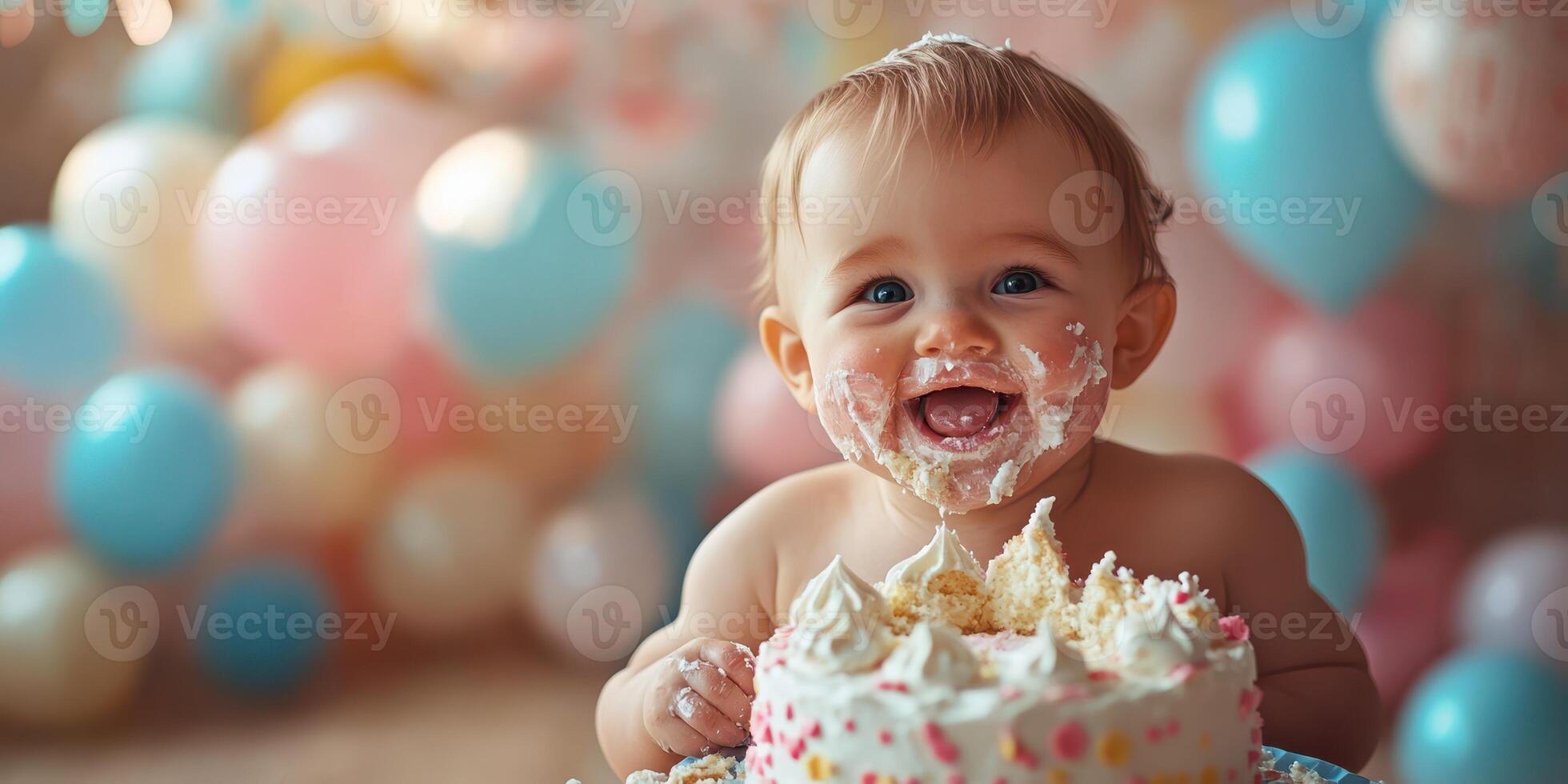 Happy baby enjoys first birthday cake covered in frosting surrounded by colorful balloons photo