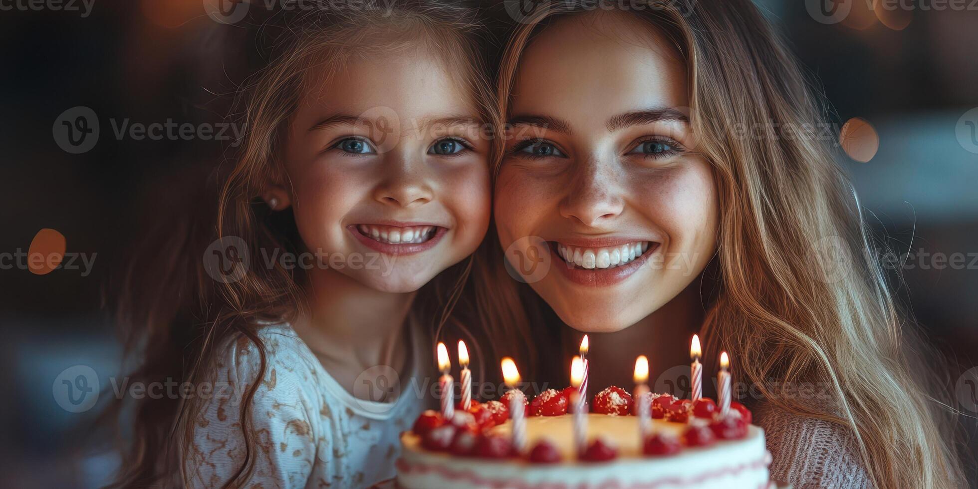 Joyful celebration of a birthday between a mother and daughter with a cake and candles in a cozy atmosphere photo