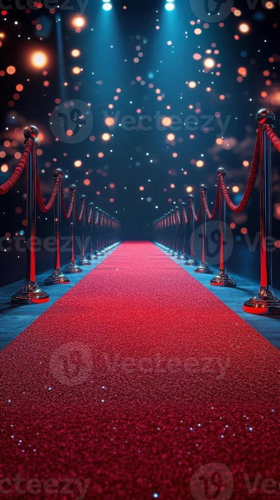 Red carpet pathway leads to a bright stage illuminated by sparkling lights at an evening event photo