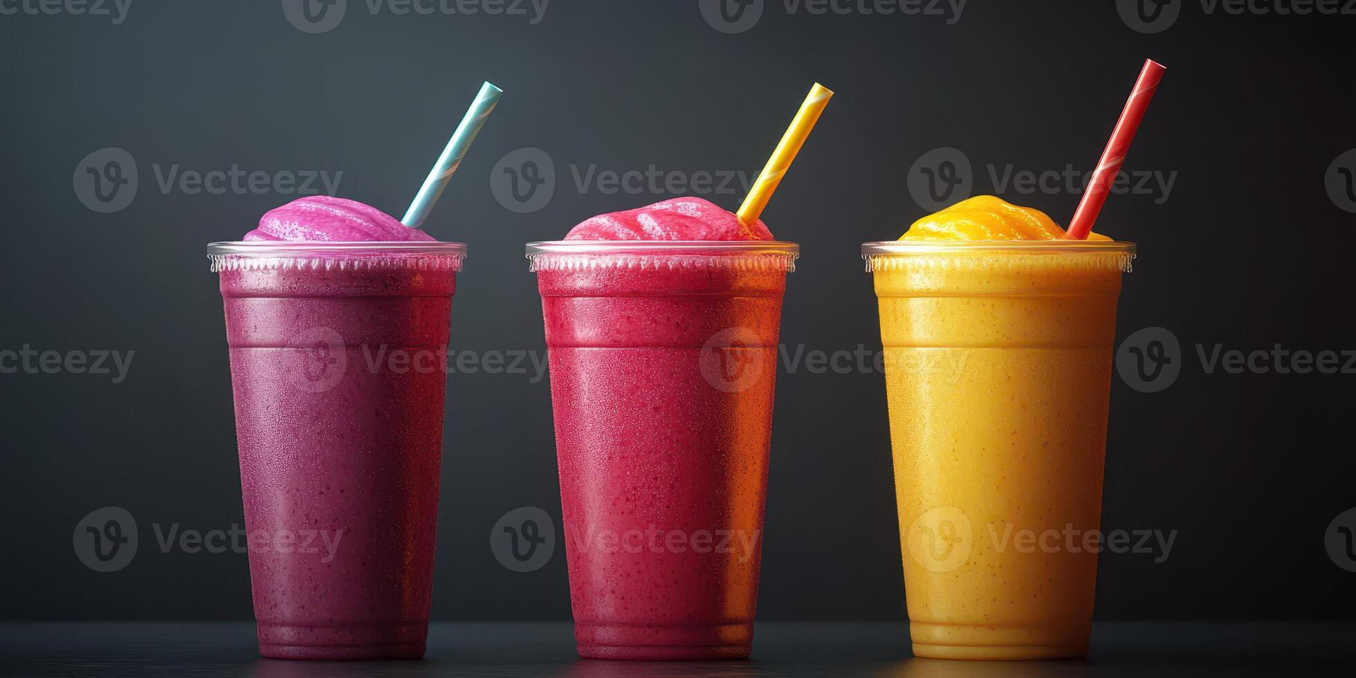Delicious frozen fruit drinks in vibrant colors served with straws at a refreshment stand photo