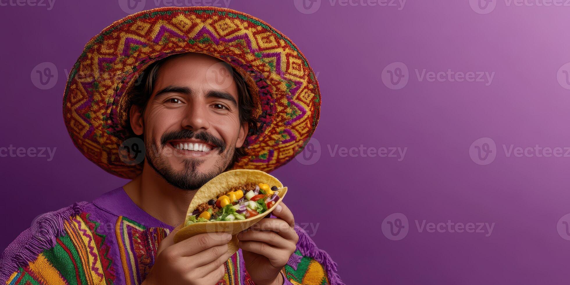 Festive man wearing traditional attire smiles while holding a colorful taco against a vibrant purple background photo