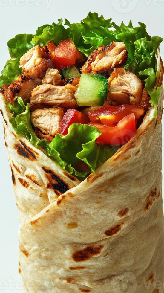 Grilled chicken wrap filled with fresh vegetables and greens, perfect for a healthy lunch photo