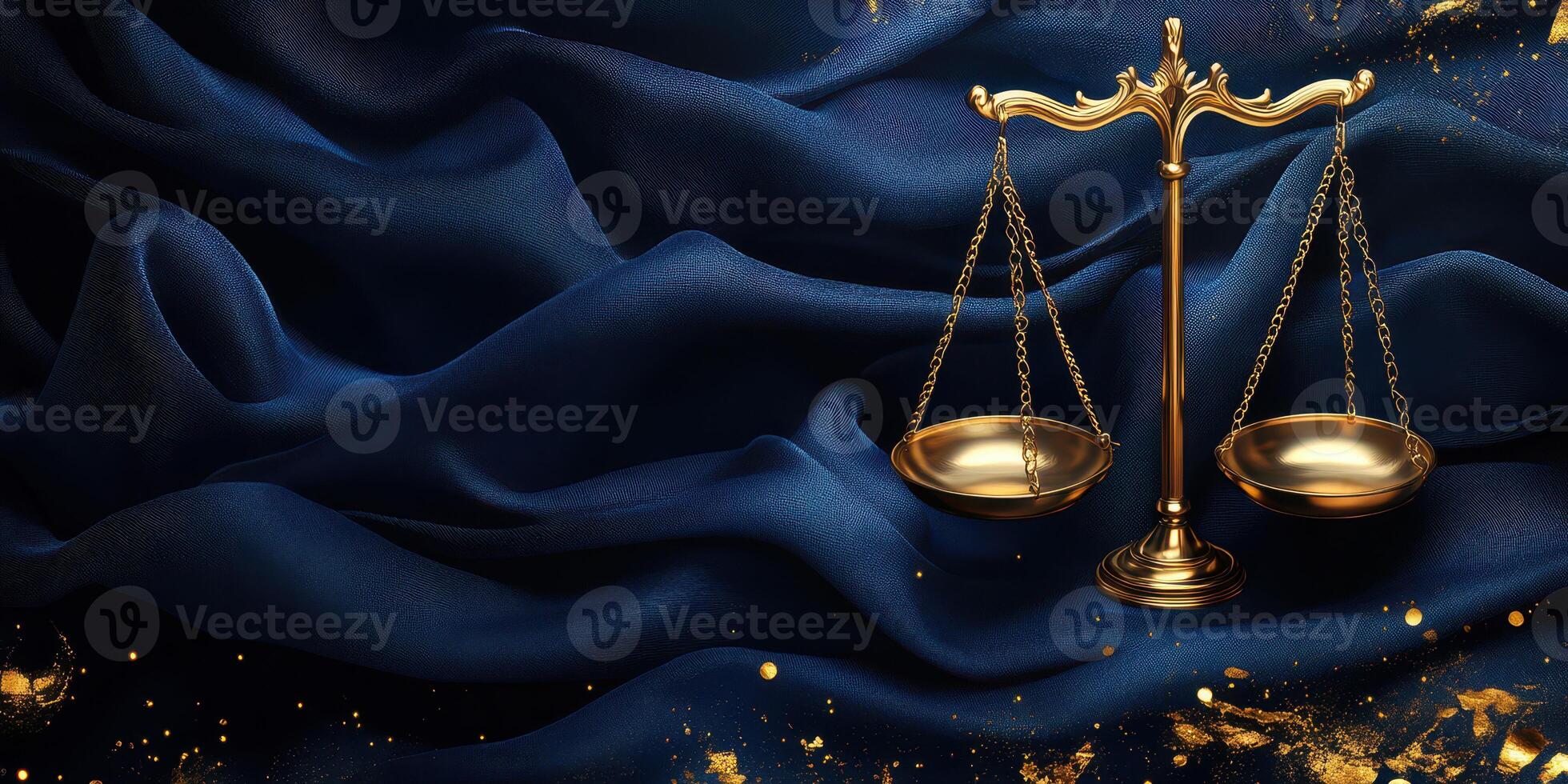 Gold balance scales on dark blue silky fabric representing justice and fairness in law photo