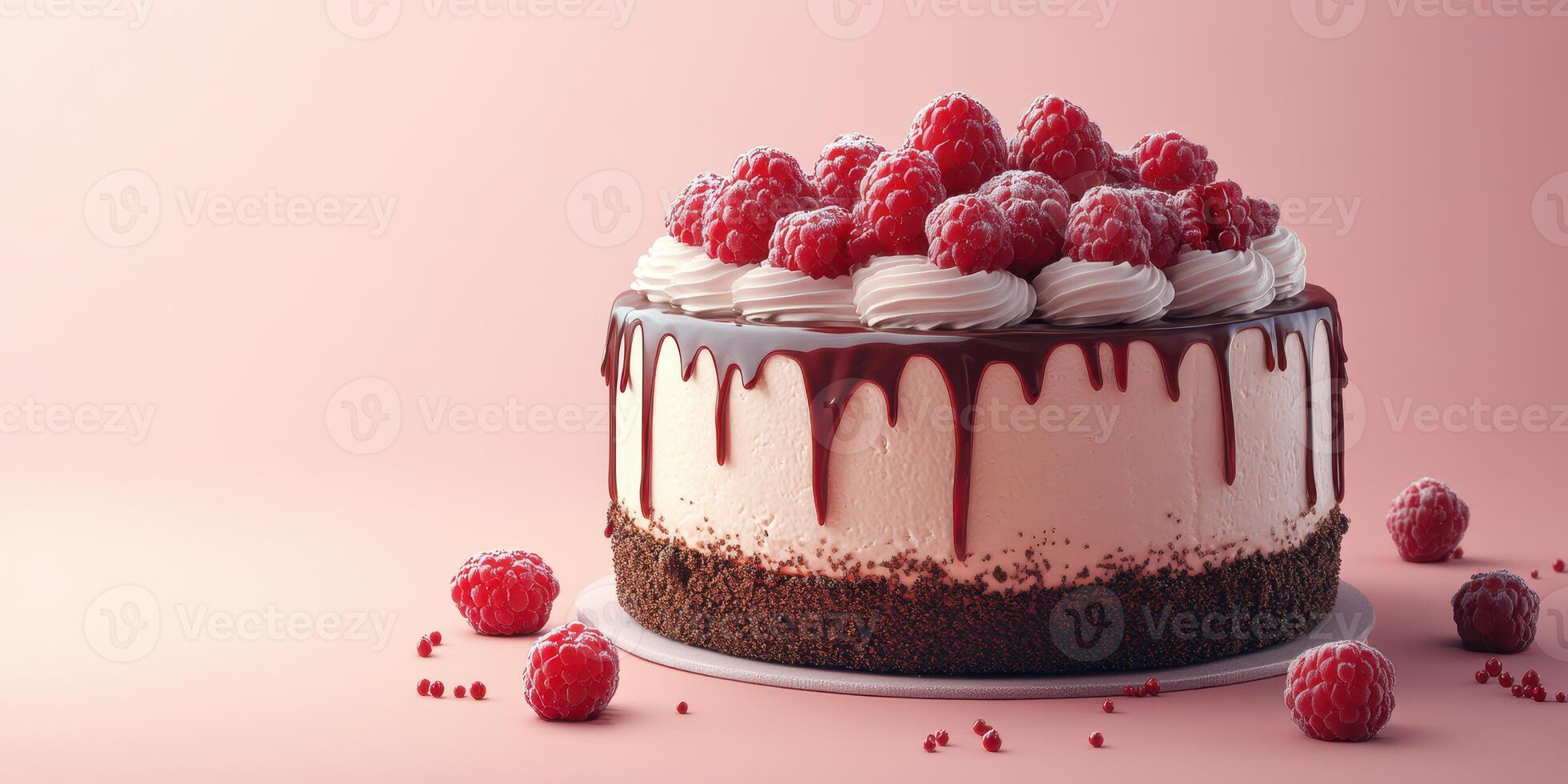 Delicious raspberry chocolate cake with cream and chocolate drizzle on a soft pink background photo