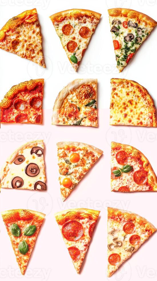 Various types of pizza slices arranged in an appealing grid format on a white background photo
