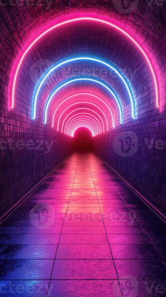 Vibrant neon lights illuminate a modern tunnel creating a mesmerizing atmosphere in a city structure photo