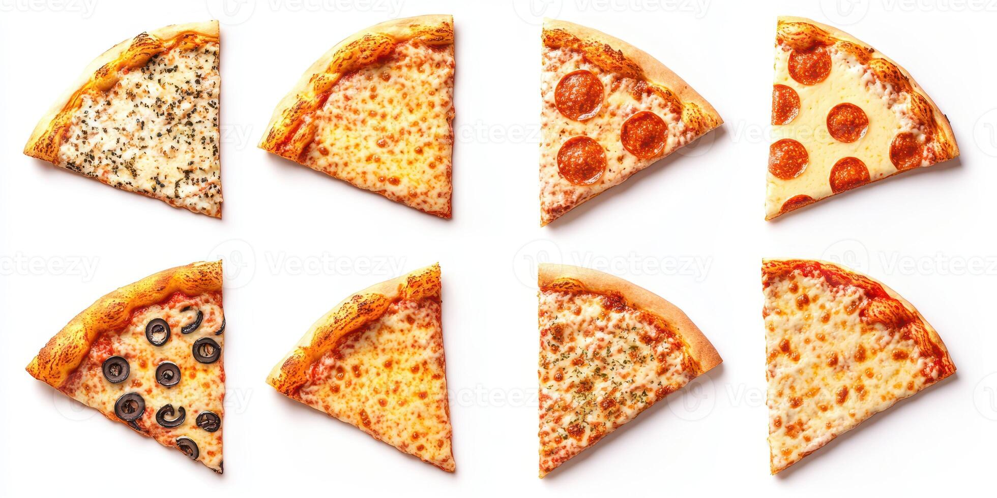Different varieties of pizza slices arranged appealingly against a white background photo
