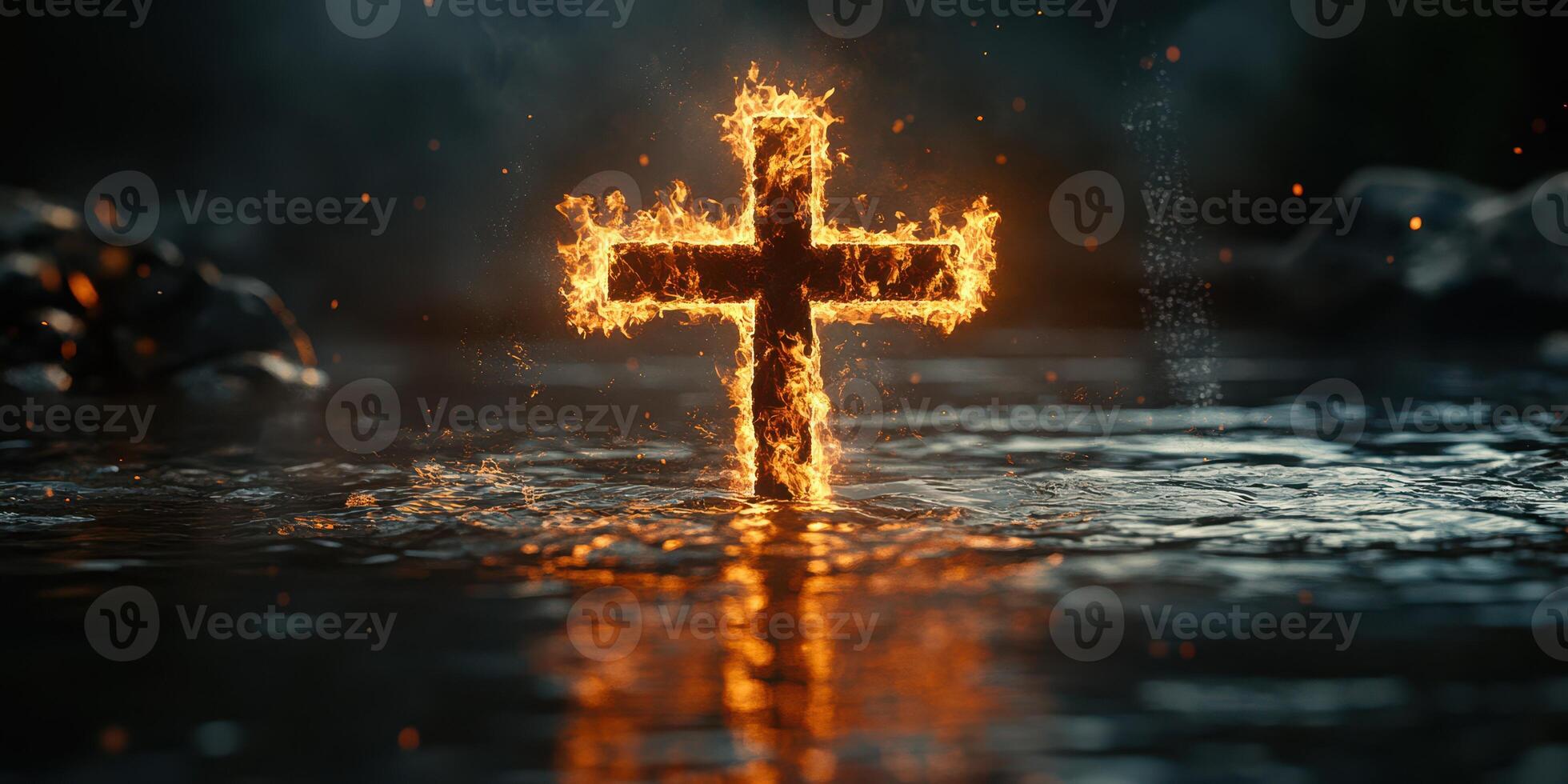 Flaming cross rises from water against a dark background in a captivating display of light and shadow photo