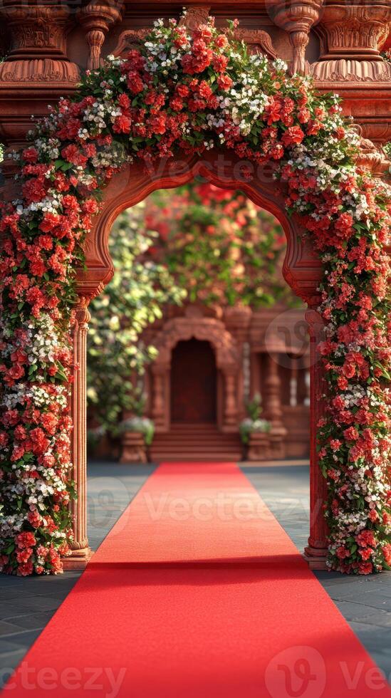 Floral archway leading to a vibrant courtyard with a red carpet in an ornate outdoor setting photo