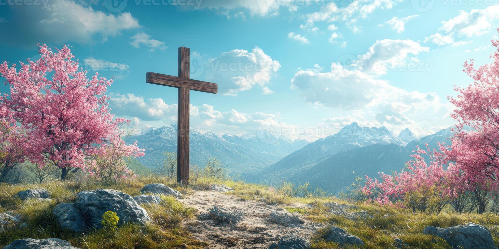 Wooden cross stands amidst blooming cherry trees and majestic mountains on a clear spring day photo