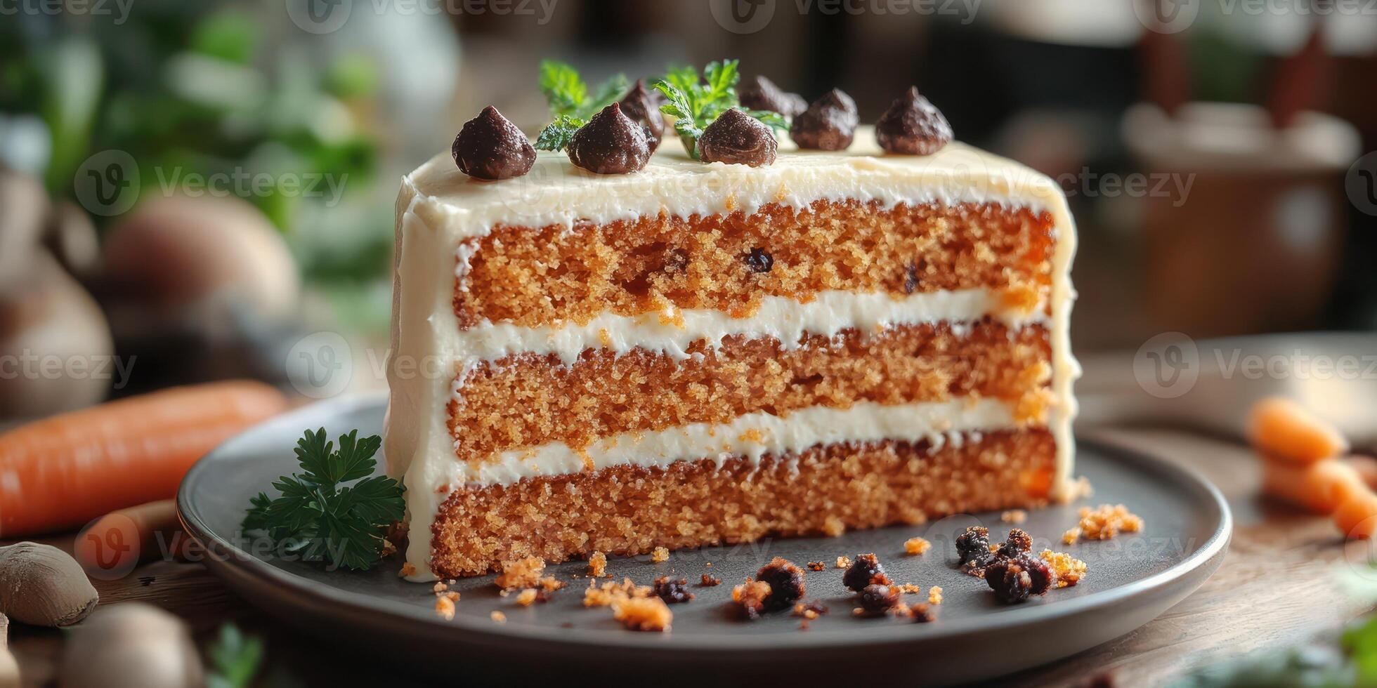 Moist carrot cake with cream cheese frosting and chocolate chips displayed on a rustic plate photo