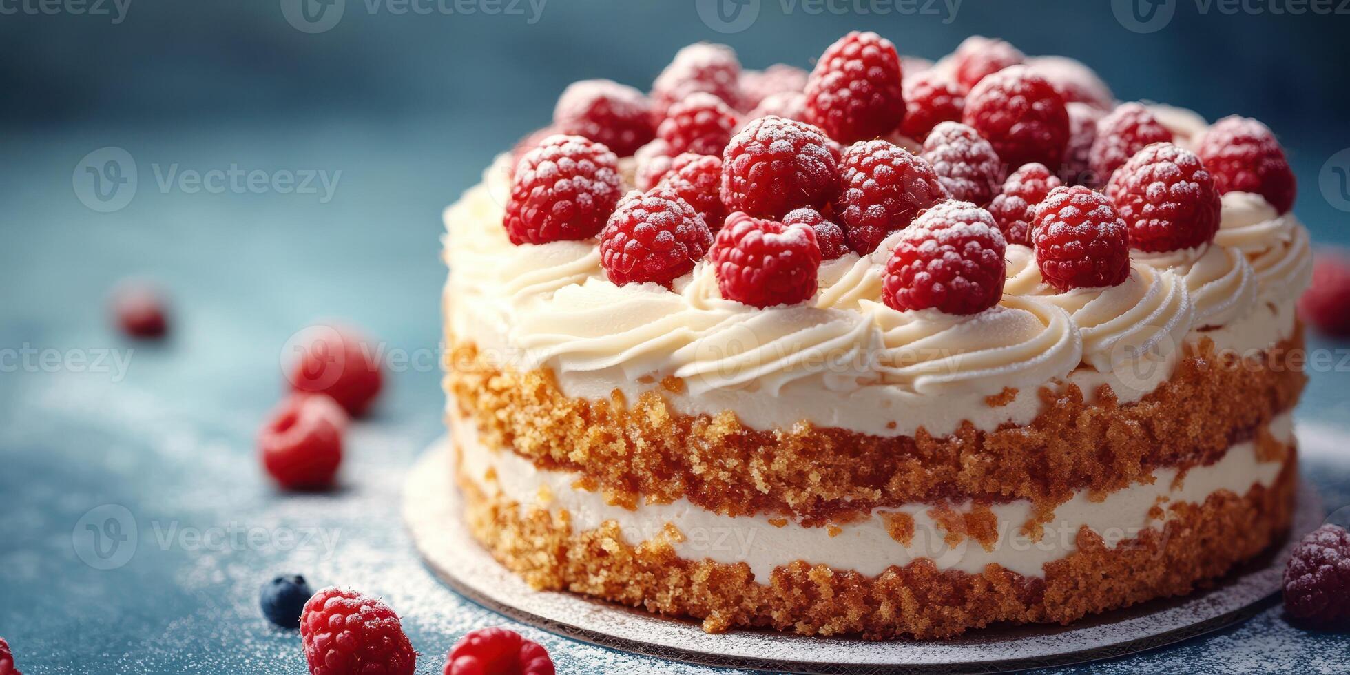 Raspberry cake decorated with fresh berries on a textured blue background during a sunny afternoon in a cozy kitchen setting photo