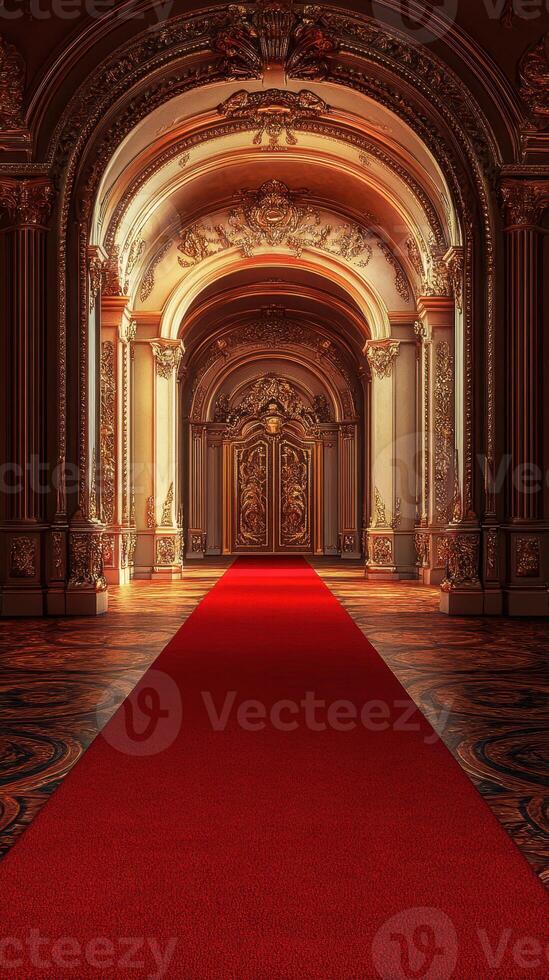 Elegant and opulent hallway with red carpet leading to ornate doors in a lavish setting photo