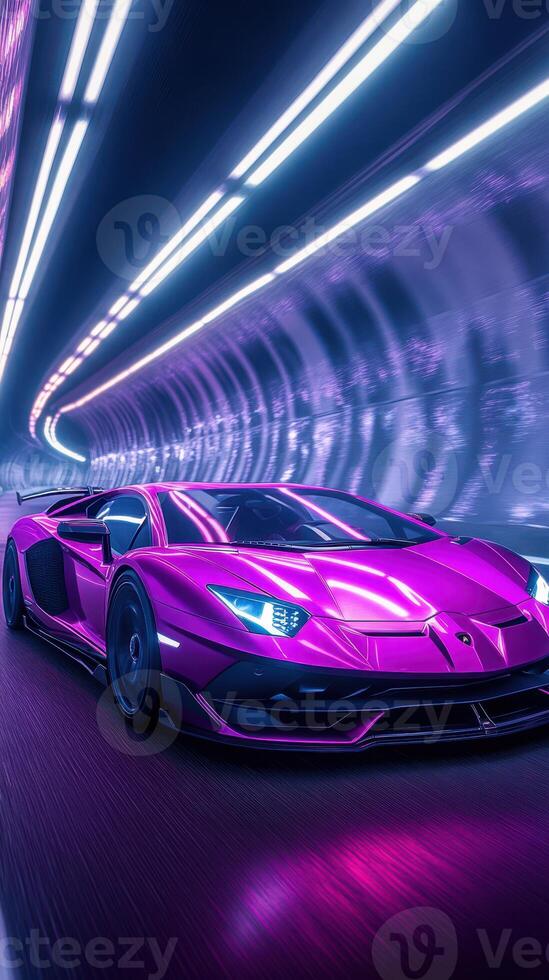 Vibrant pink supercar speeds through illuminated tunnel at night, showcasing futuristic design and dynamic motion photo