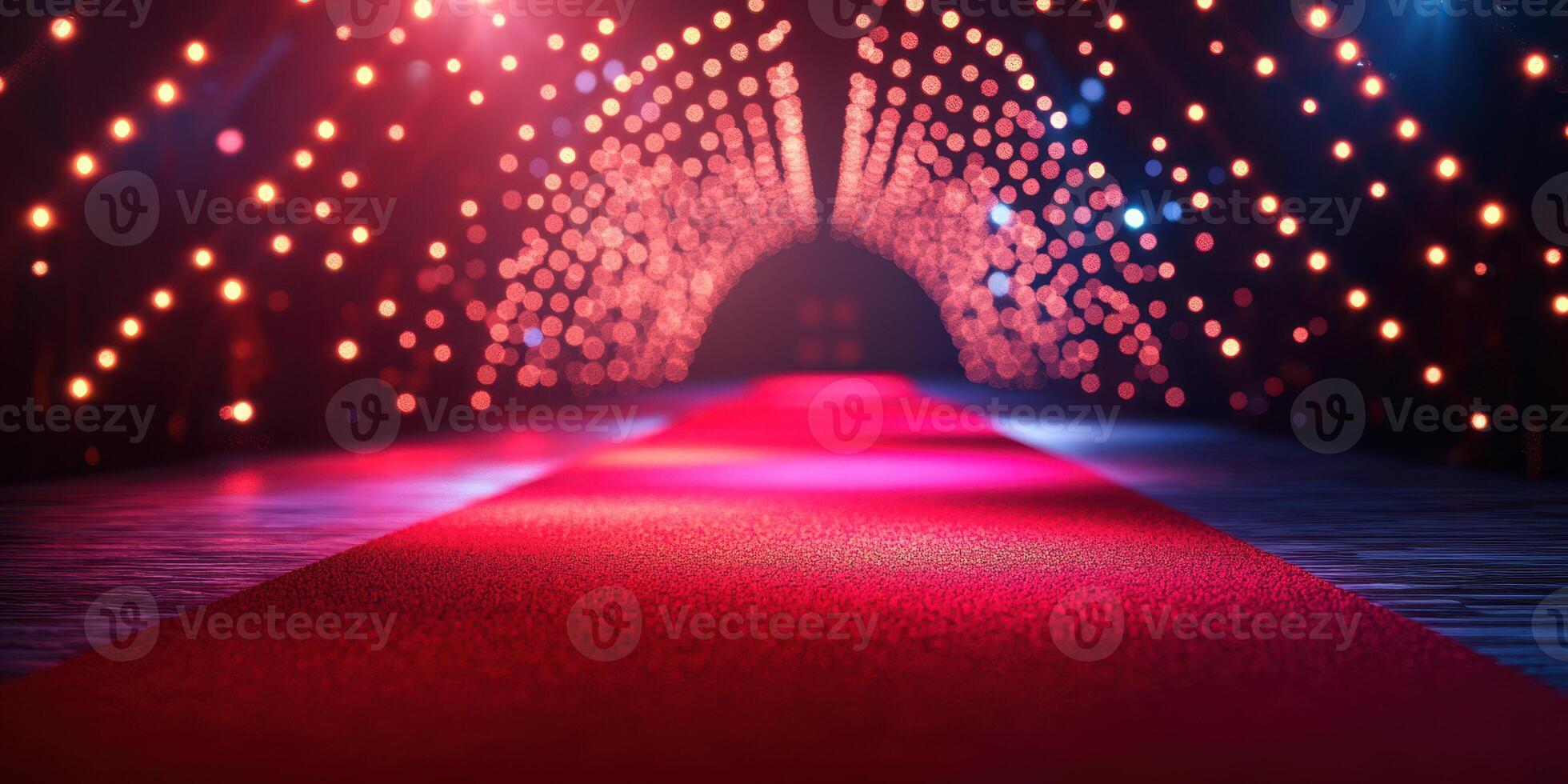 Glamorous runway with dazzling lights and red carpet ready for a fashion show in a stylish venue photo