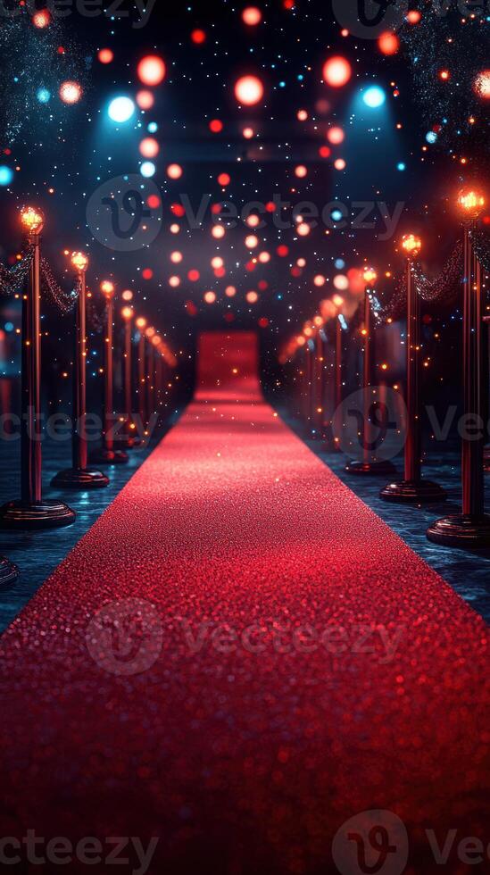 Elegant red carpet lined with glowing lights ready for an upscale event at night photo