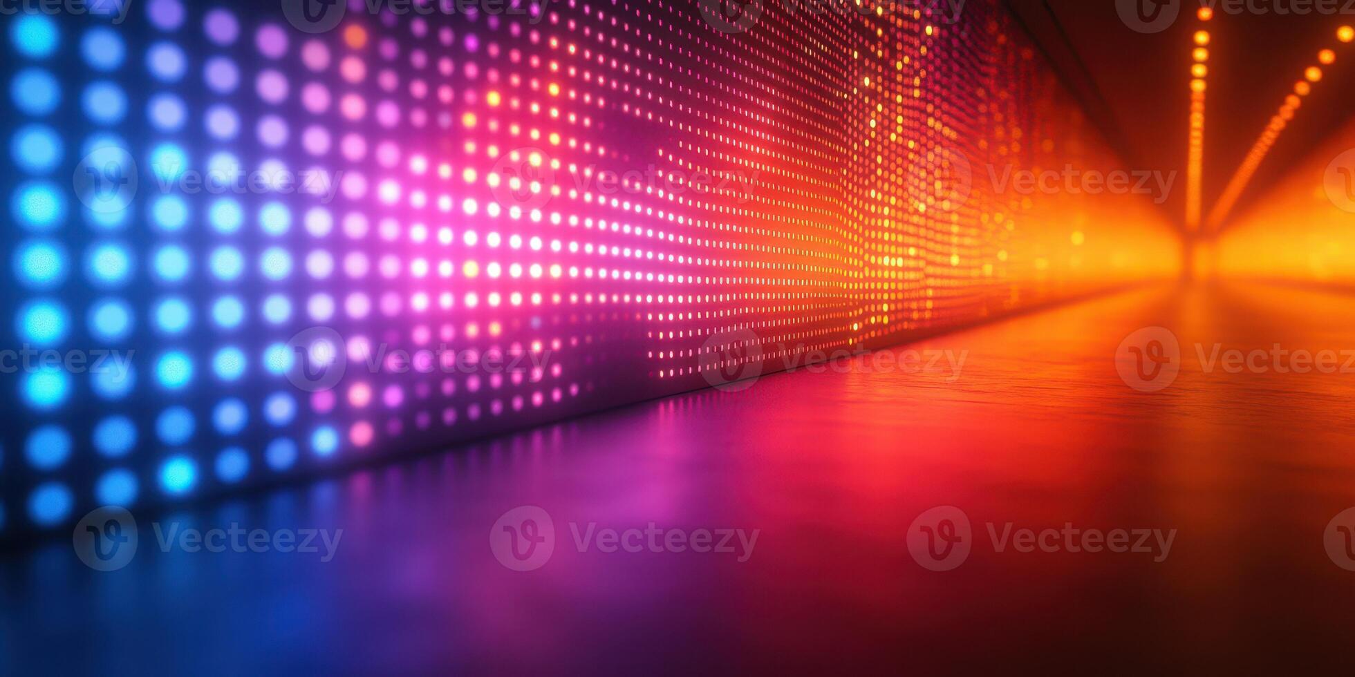 Colorful lights illuminate a long corridor at a nightlife venue in the city during an evening event photo