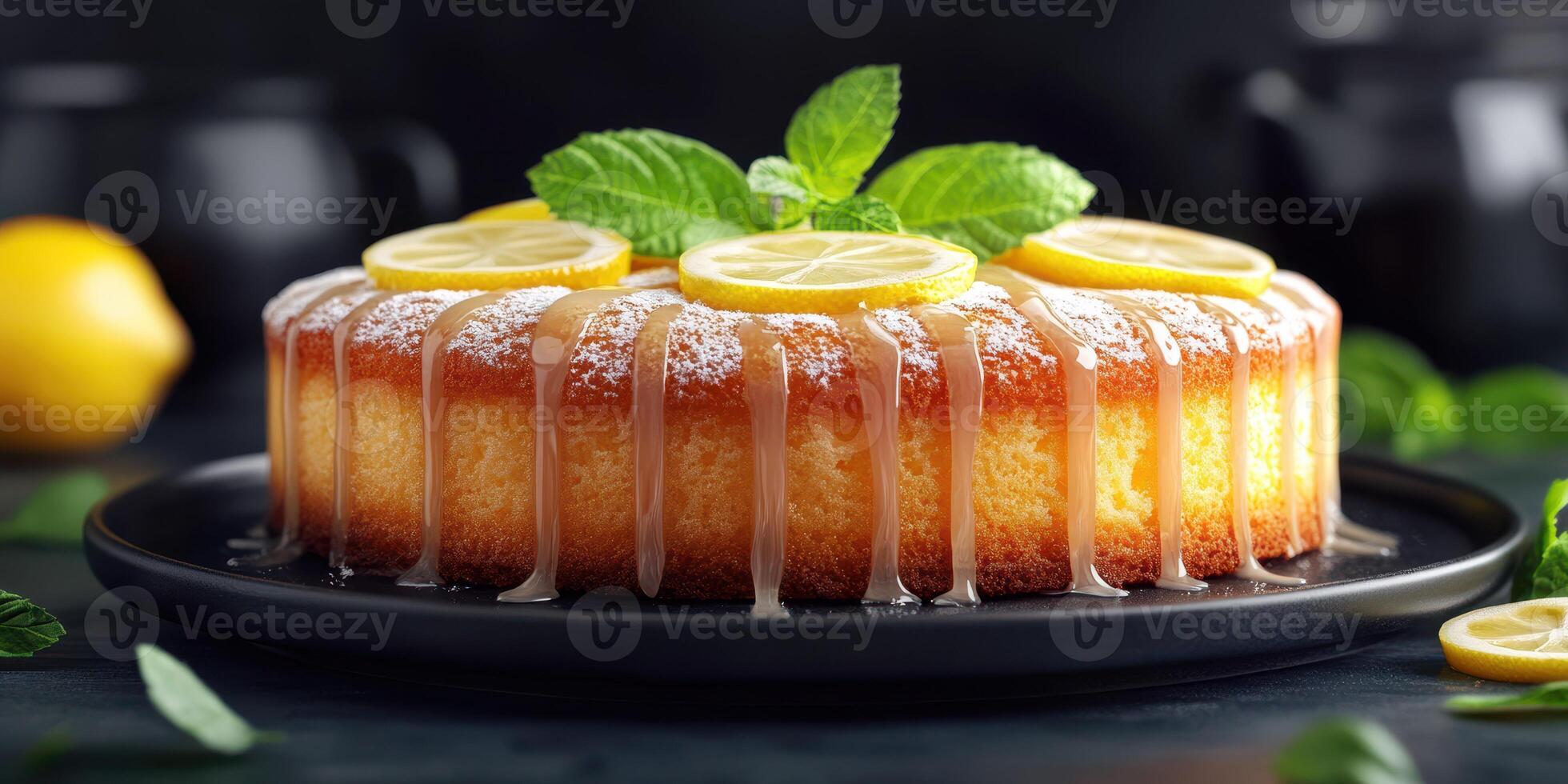 Delicious lemon drizzle cake garnished with fresh mint and lemon slices on a dark serving plate photo