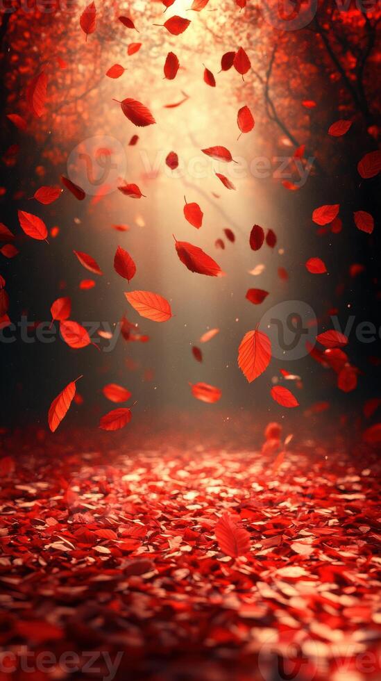 Vibrant red autumn leaves swirl softly in a magical forest setting during the season change photo
