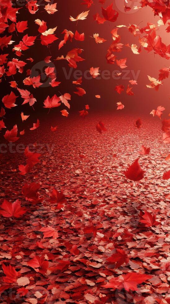 Vivid red autumn leaves swirling in the air create a captivating fall atmosphere in a serene outdoor setting photo
