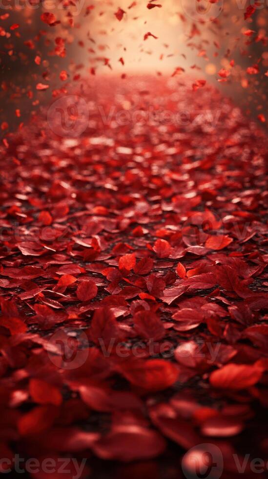 Vibrant red leaves blanket a tranquil pathway during autumn in a serene park setting photo