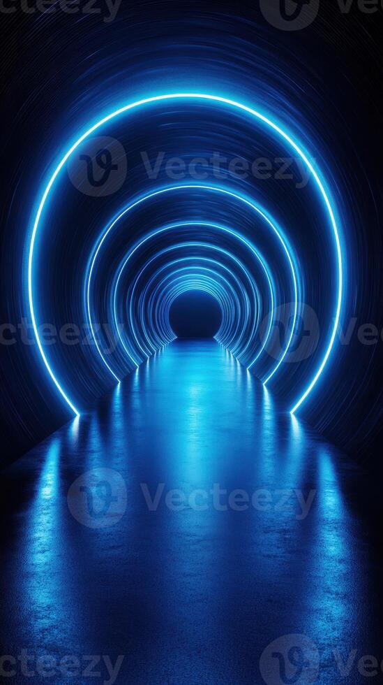 Glowing blue tunnel with illuminated circular patterns in a dark space creating a surreal atmosphere photo