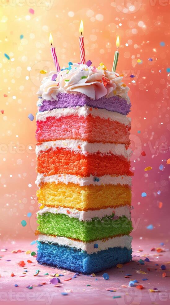 Colorful multi-layer cake with candles and decorations at a joyful celebration for children photo