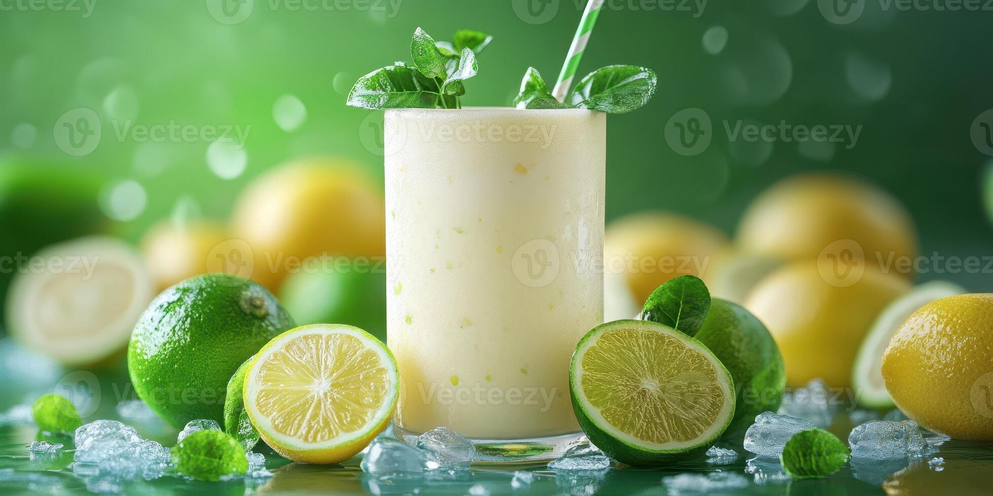 Fresh citrus smoothie made with limes and lemons garnished with mint leaves in a bright setting photo