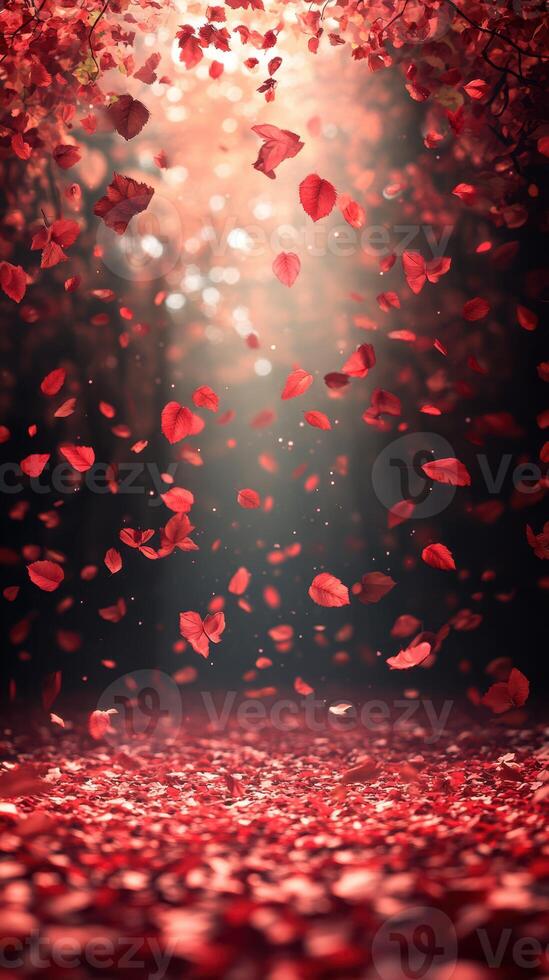 Beautiful red leaves falling in a serene forest setting during golden hour light photo