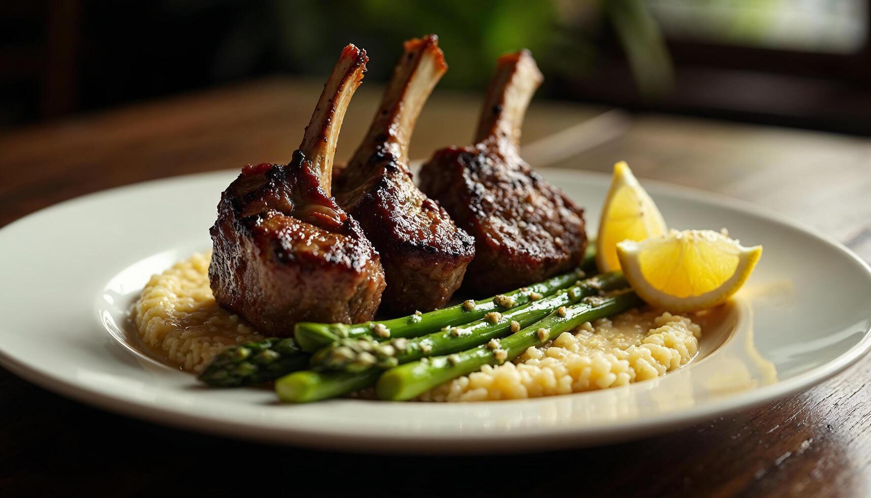 Grilled lamb chops served with asparagus, mashed potatoes, and a slice of lemon on an elegant plate. photo