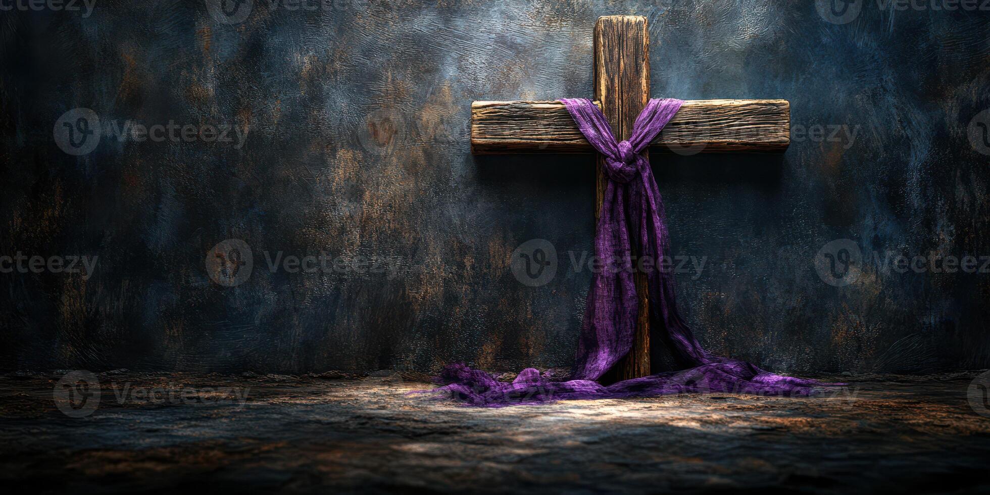 Cross wrapped in purple fabric against textured background highlighting religious symbolism and spirituality photo