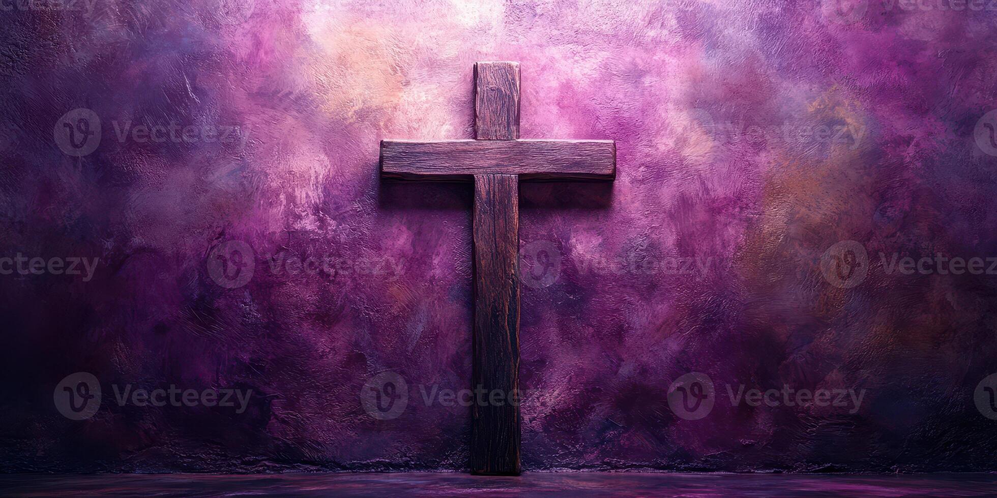 Wooden cross against a textured purple wall in a serene ambiance highlighting spiritual themes photo