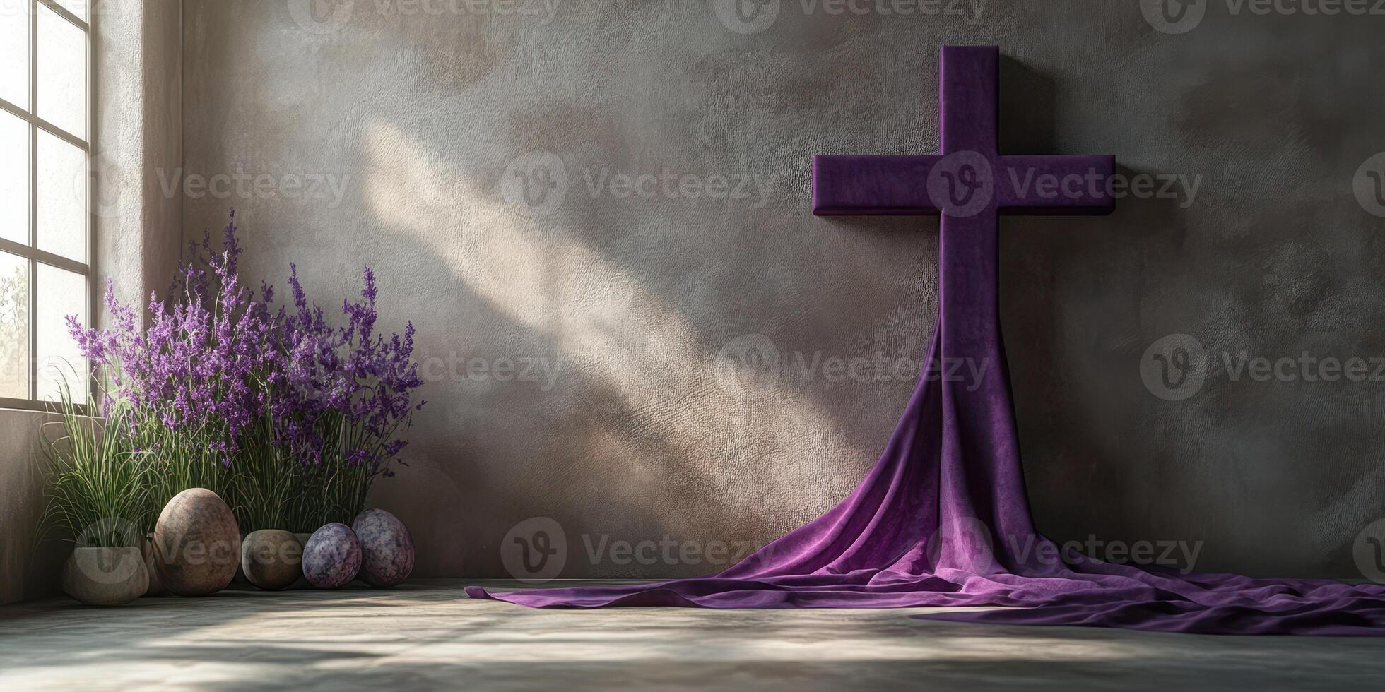 Purple cross with flowers and stones in a serene indoor setting bathed in soft light photo