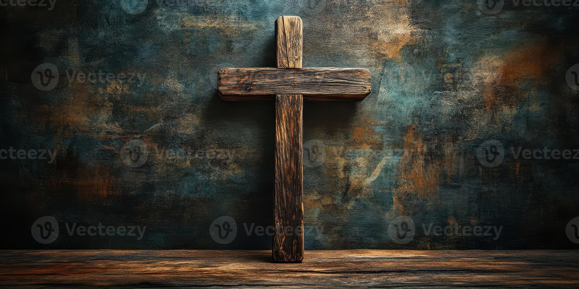 Wooden cross displayed against an aged, textured background with muted colors and visible grain patterns photo