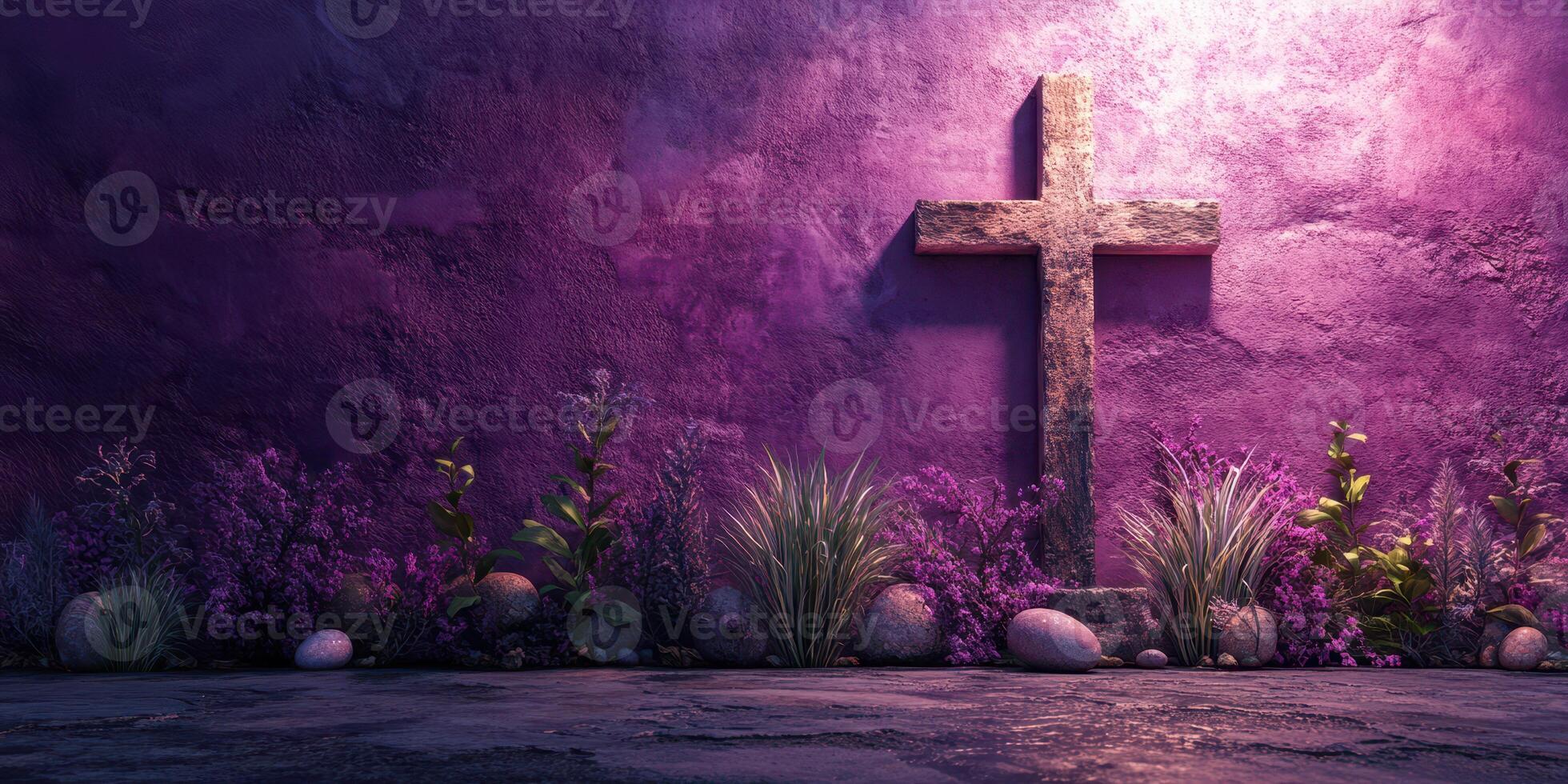 Rustic wooden cross against a vibrant purple wall surrounded by lush greenery photo