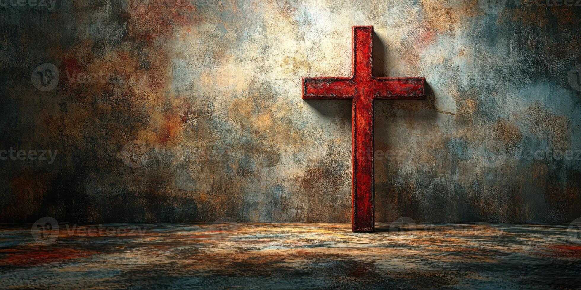 Cross stands out against textured wall in dramatic, dimly lit environment filled with rich colors and shadows photo