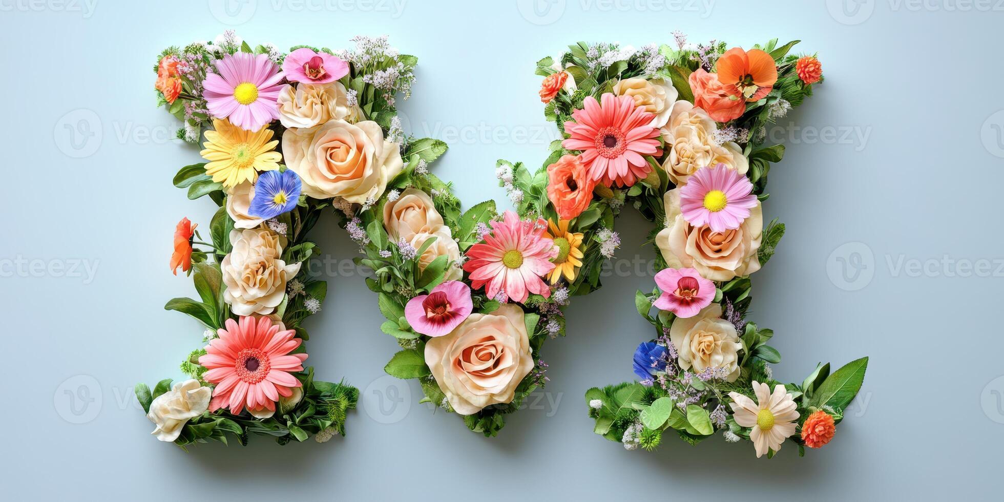 Floral letter M crafted from a variety of colorful flowers against a light blue backdrop photo