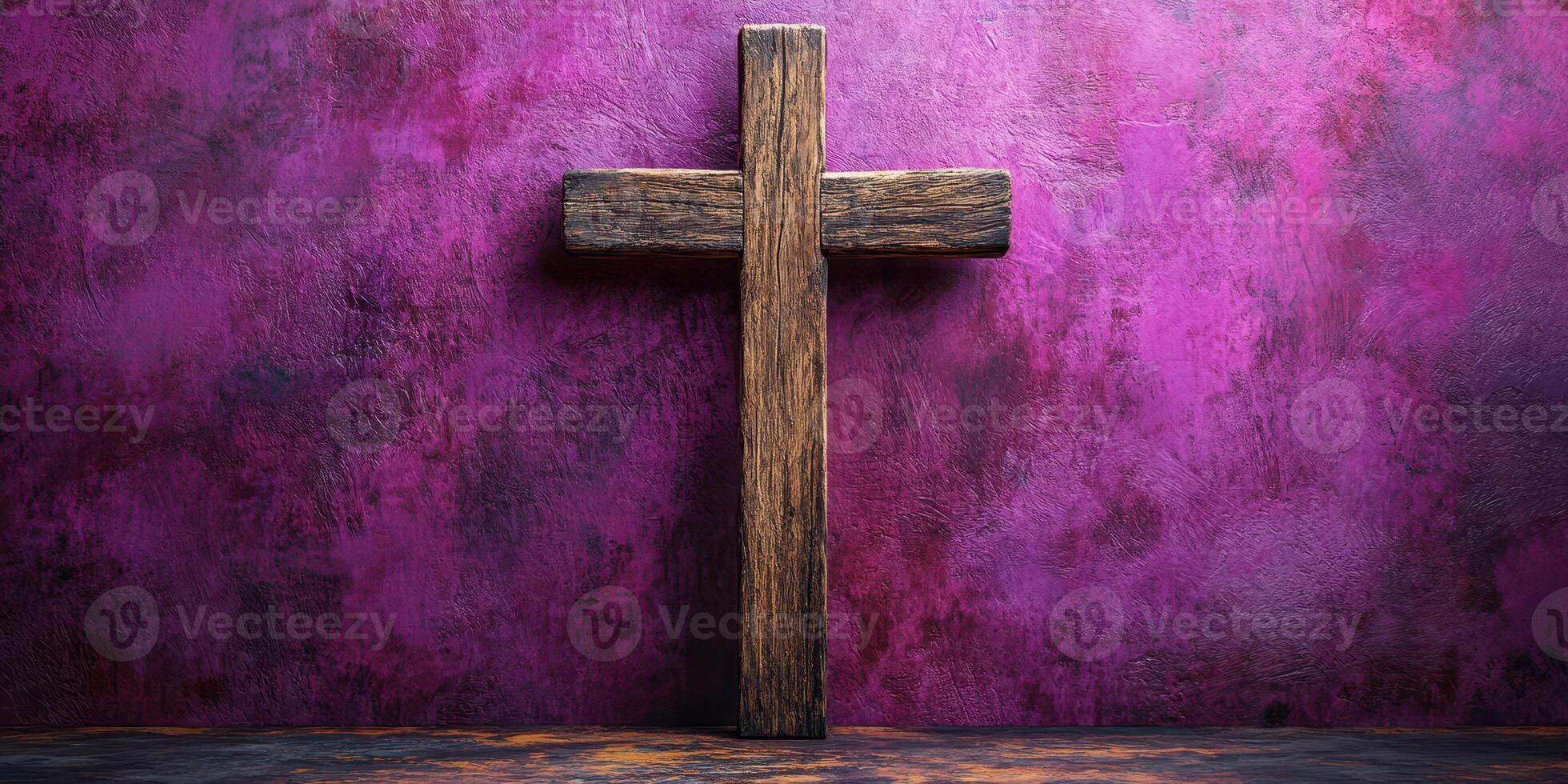 Wooden cross against a vibrant purple wall in a serene setting photo