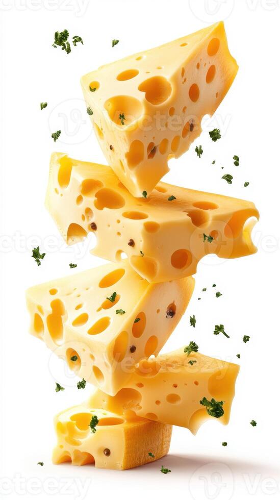 Stack of yellow cheese slices with holes and herbs arranged on a white background photo