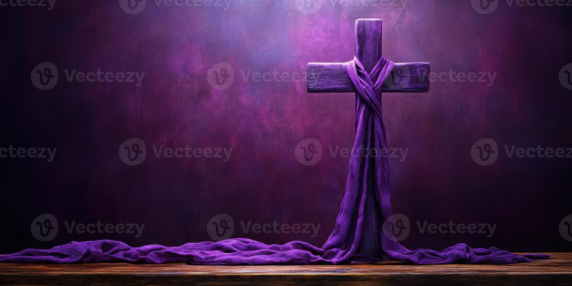 Purple cross adorned with fabric resting on rustic wooden table in a softly lit room photo