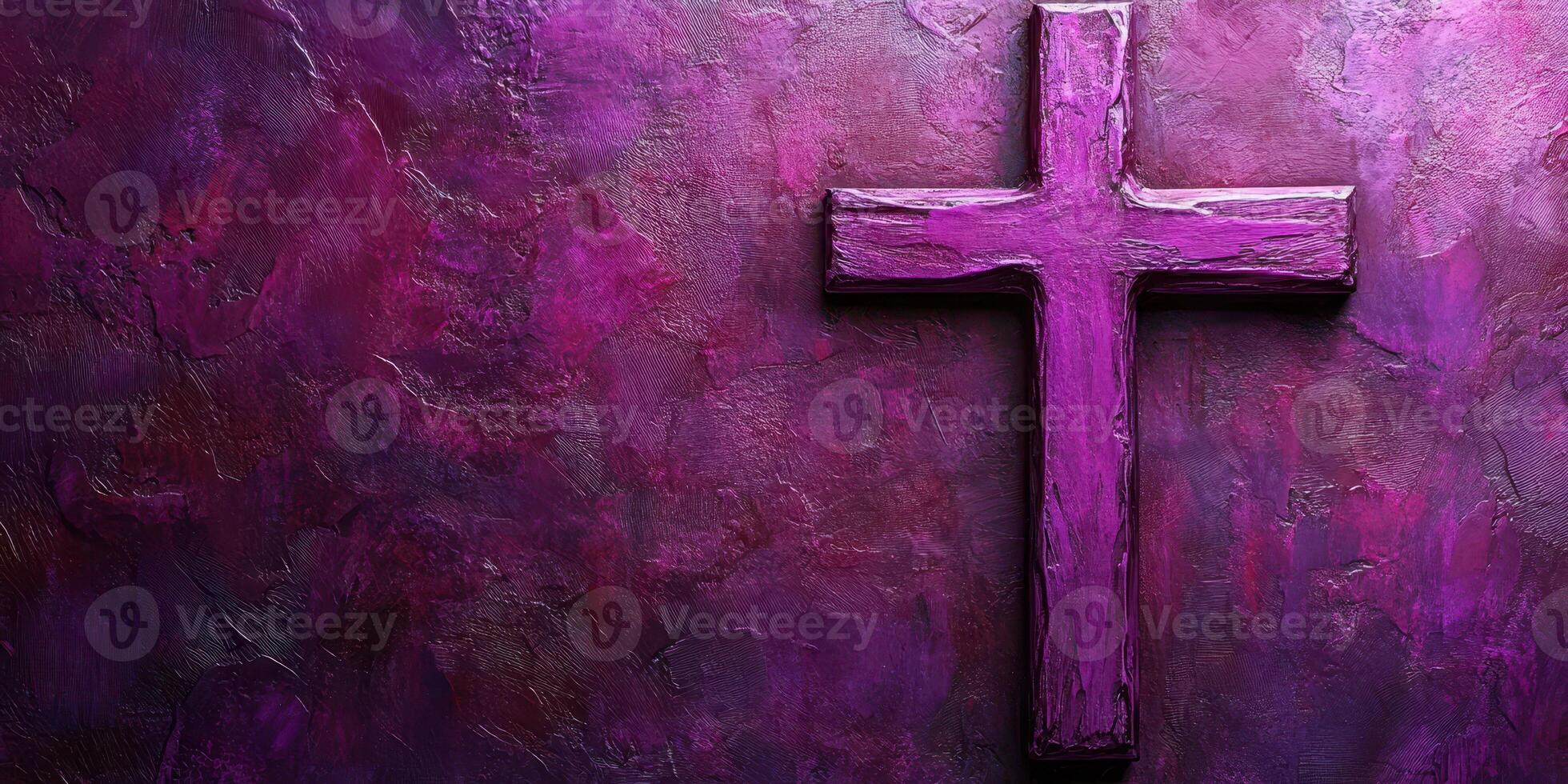 Purple cross on textured wall symbolizes faith and spirituality in a serene setting photo